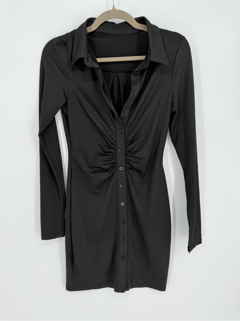 Black Ruched Button Front Mini Dress Long Sleeve S